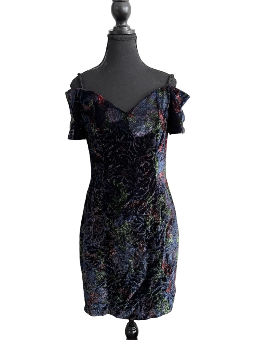 Vintage 80s Crushed Velvet Multicolor Off-Shoulder Mini Dress